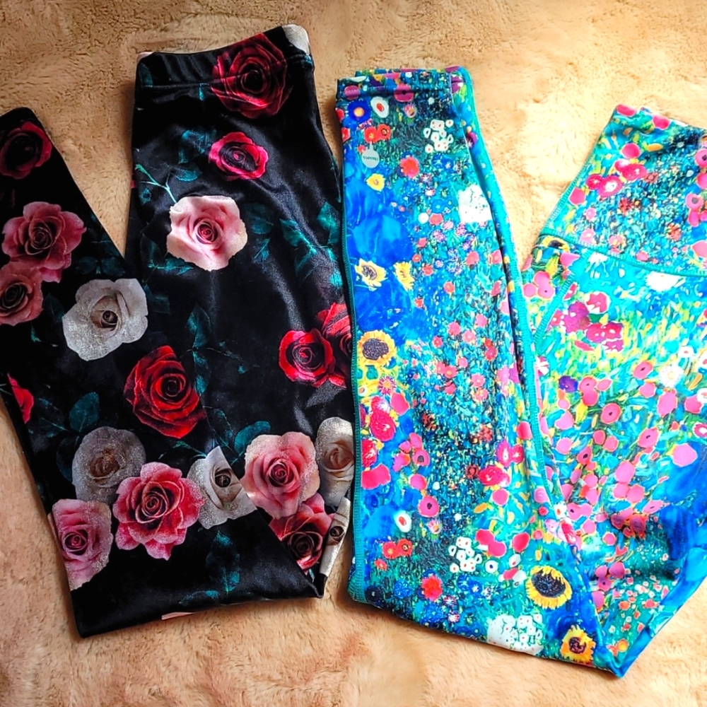 Two Pairs of Floral BlackMilk Leggings, Size Small
